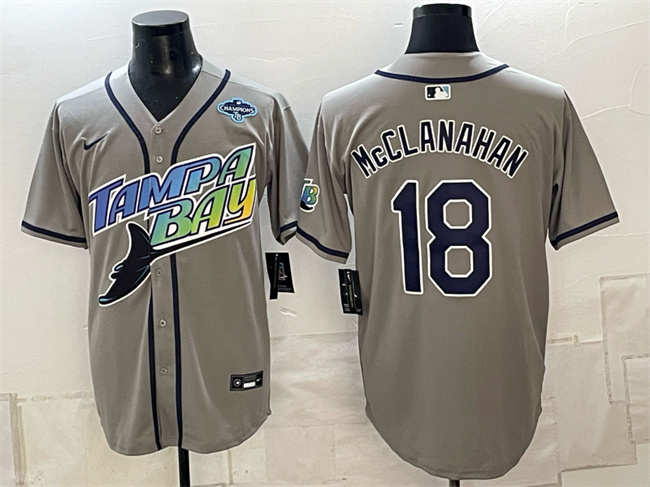 Men's Tampa Bay Rays #18 Shane McClanahan Gray 2026 AL East Champions Patch Vapor Limited Stitched Baseball Jersey Men's Tampa Bay Rays #18 Shane McClanahan Gray 2026 AL East Champions Patch Vapor Limited Stitched Baseball Jersey